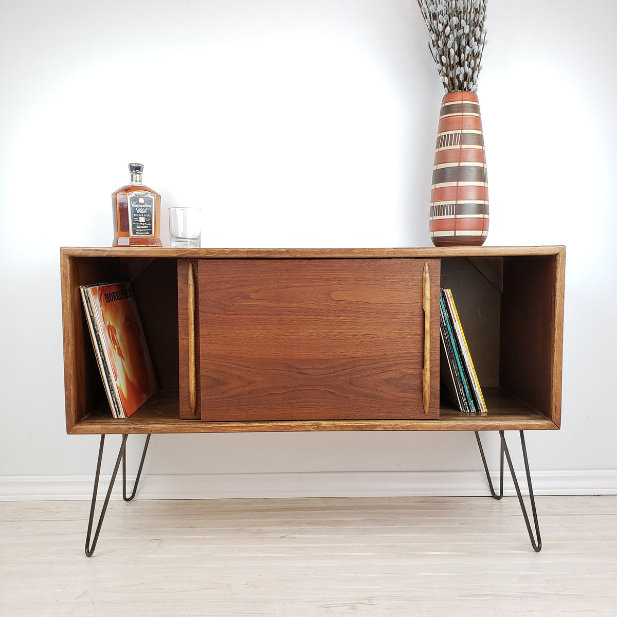 Mid Century Walnut Record Cabinet with hairpin legs