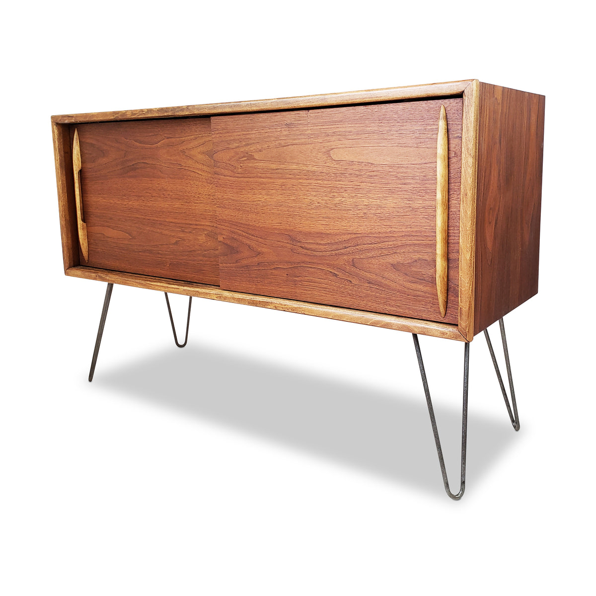 Mid Century Walnut Record Cabinet with hairpin legs