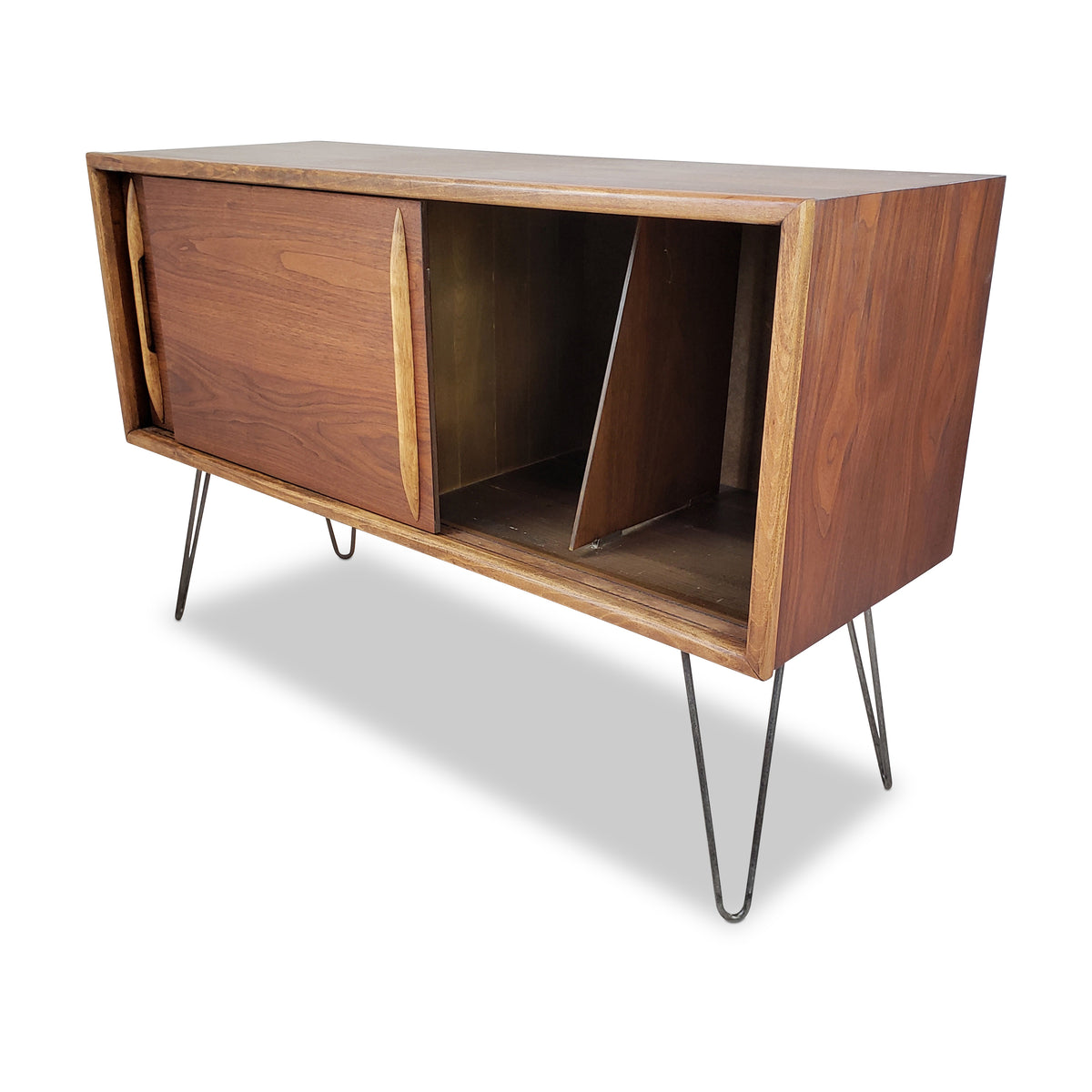 Mid Century Walnut Record Cabinet with hairpin legs